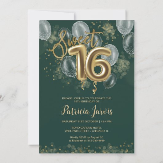 Gold Foil Sweet 16 Balloons Party Emerald Green Kaart (Voorkant)