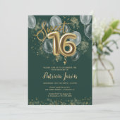 Gold Foil Sweet 16 Balloons Party Emerald Green Kaart (Staand voorkant)