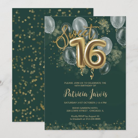 Gold Foil Sweet 16 Balloons Party Emerald Green Kaart (Voorkant / Achterkant)