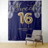 Gold Foil Sweet 16 Balloons Royal Blue Backdrop Wandkleed (In situ)