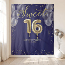 Gold Foil Sweet 16 Balloons Royal Blue Backdrop