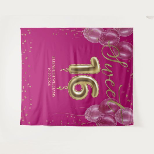 Gold Foil Sweet 16 Bday ballonnen Hot Pink Backdro Wandkleed (Voorkant (horizontaal))