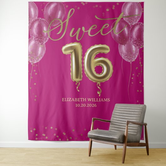 Gold Foil Sweet 16 Bday ballonnen Hot Pink Backdro Wandkleed (In situ)
