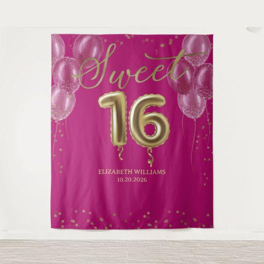 Gold Foil Sweet 16 Bday ballonnen Hot Pink Backdro Wandkleed (Voorkant)