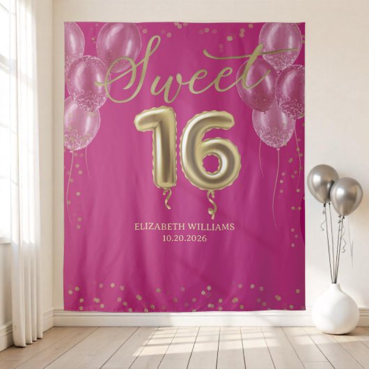 Gold Foil Sweet 16 Bday ballonnen Hot Pink Backdro Wandkleed