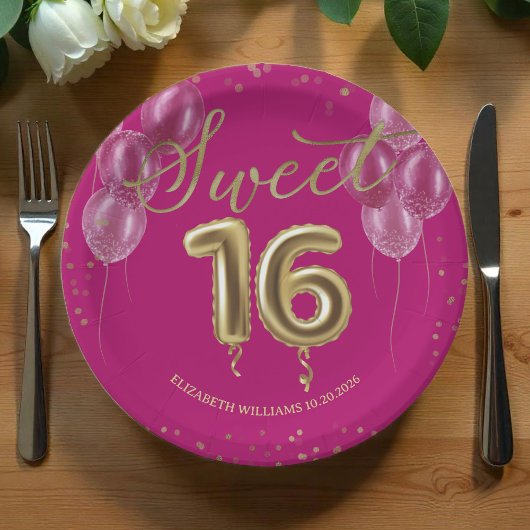 Gold Foil Sweet 16 bday-ballonnen Partij Hot Pink Papieren Bordje