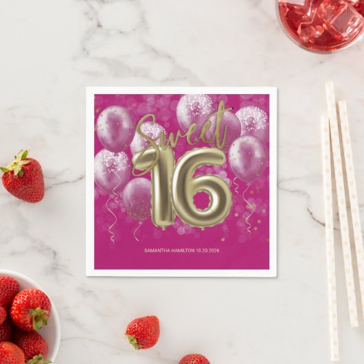 Gold Foil Sweet 16 bday-ballonnen Partij Hot Pink Servet (Insitu)