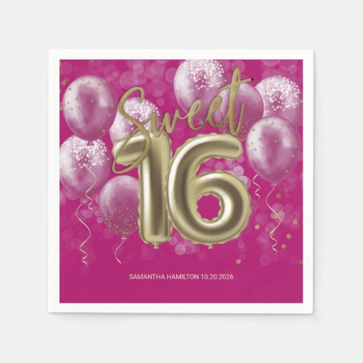 Gold Foil Sweet 16 bday-ballonnen Partij Hot Pink Servet (Voorkant)