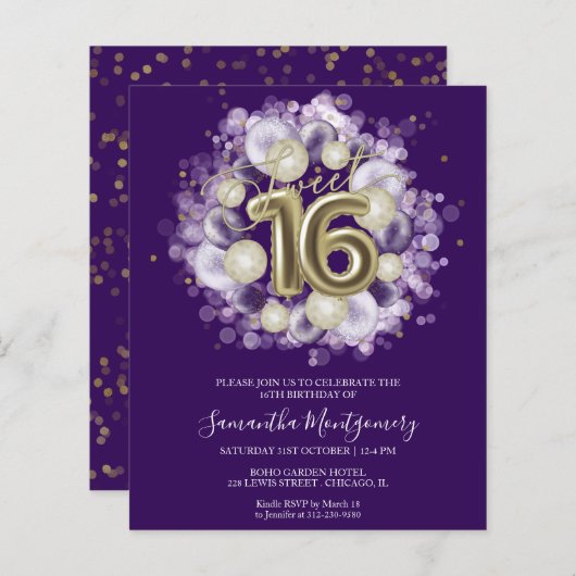Gold Foil Sweet 16-Bday Balloons Budget Invitation (Voorkant / Achterkant)