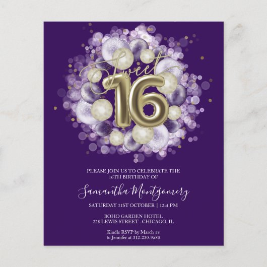 Gold Foil Sweet 16-Bday Balloons Budget Invitation (Voorkant)