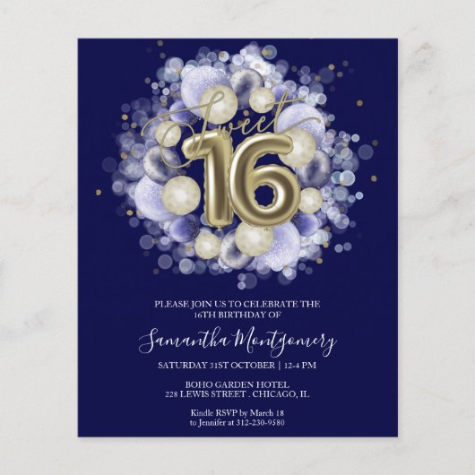 Gold Foil Sweet 16-Bday Balloons Budget Invitation (Voorkant)