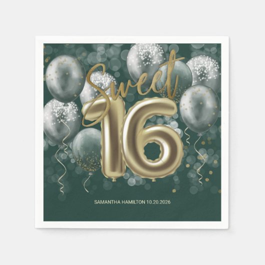 Gold Foil Sweet 16 Bday Balloons Emerald Green Servet (Voorkant)