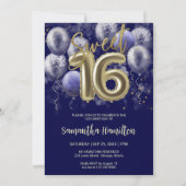 Gold Foil Sweet 16 Bday Balloons Party Royal Blue Kaart (Voorkant)