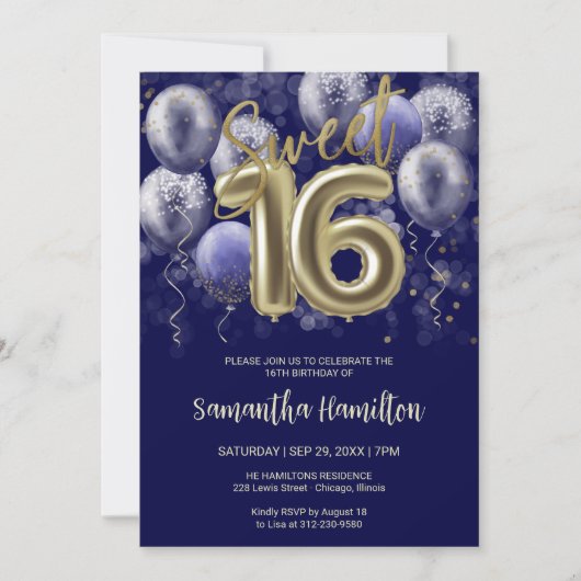 Gold Foil Sweet 16 Bday Balloons Party Royal Blue Kaart (Voorkant)