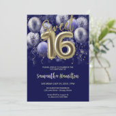 Gold Foil Sweet 16 Bday Balloons Party Royal Blue Kaart (Staand voorkant)