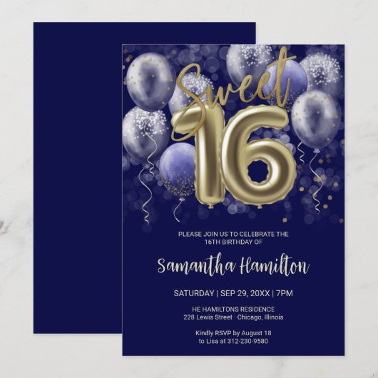 Gold Foil Sweet 16 Bday Balloons Party Royal Blue Kaart (Voorkant / Achterkant)