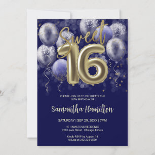 Gold Foil Sweet 16 Bday Balloons Party Royal Blue Kaart