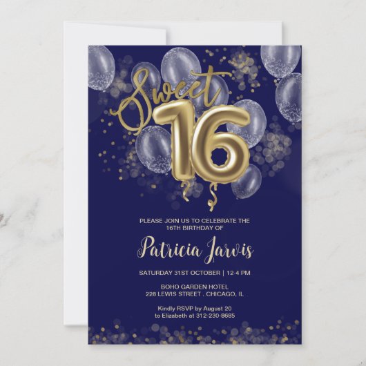 Gold Foil Sweet 16 Bday Balloons Party Royal Blue Kaart (Voorkant)