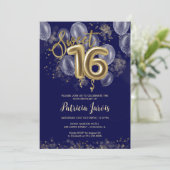 Gold Foil Sweet 16 Bday Balloons Party Royal Blue Kaart (Staand voorkant)