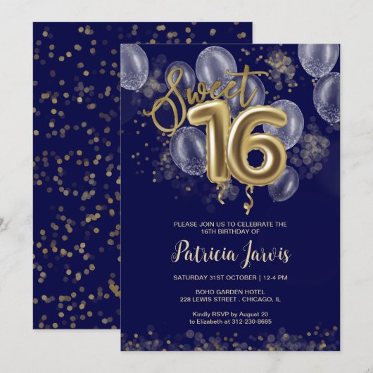 Gold Foil Sweet 16 Bday Balloons Party Royal Blue Kaart (Voorkant / Achterkant)