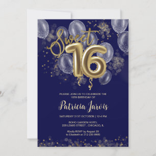Gold Foil Sweet 16 Bday Balloons Party Royal Blue Kaart