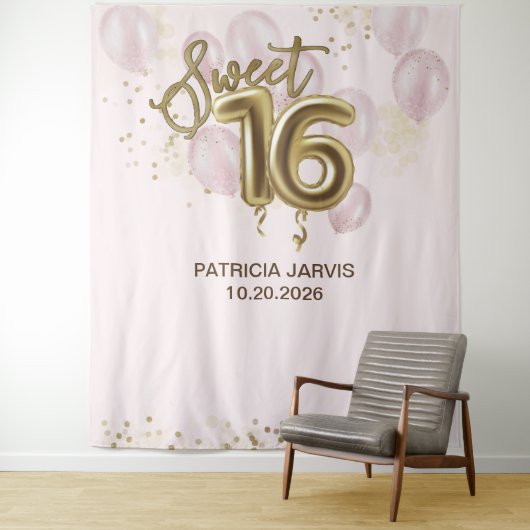 Gold Foil Sweet 16 Bday Balloons Roze achtergrondd Wandkleed (In situ)