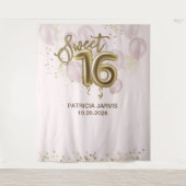 Gold Foil Sweet 16 Bday Balloons Roze achtergrondd Wandkleed (Voorkant)