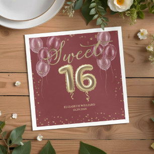 Gold Foil Sweet 16 Birthday Balloons Burgundy Napk Servet