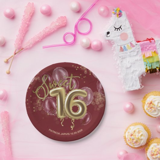 Gold Foil Sweet 16 Birthday Balloons Burgundy Papieren Bordje (Feest)