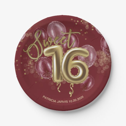 Gold Foil Sweet 16 Birthday Balloons Burgundy Papieren Bordje (Voorkant)