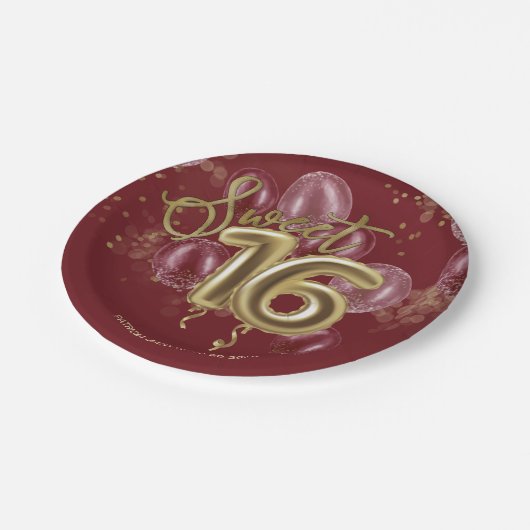 Gold Foil Sweet 16 Birthday Balloons Burgundy Papieren Bordje (Gekanteld)