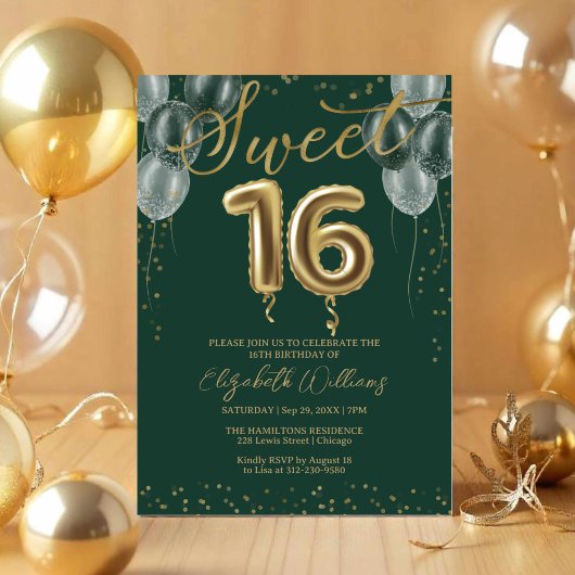 Gold Foil Sweet 16 Birthday Balloons Green Party Kaart