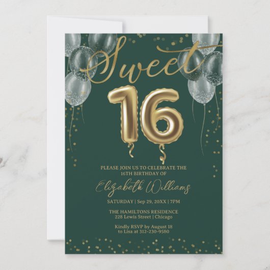 Gold Foil Sweet 16 Birthday Balloons Green Party Kaart (Voorkant)