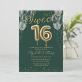 Gold Foil Sweet 16 Birthday Balloons Green Party Kaart (Staand voorkant)