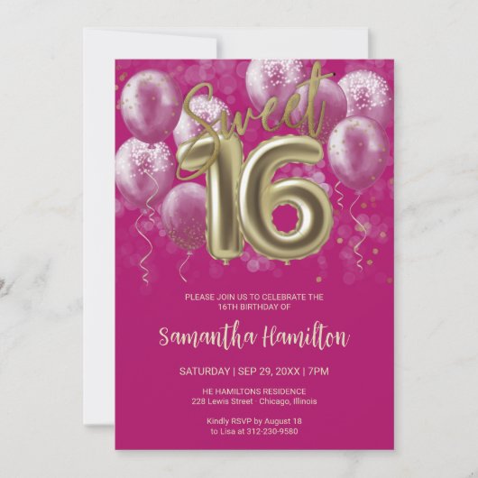 Gold Foil Sweet 16 Birthday Balloons Hot Pink Kaart (Voorkant)