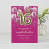 Gold Foil Sweet 16 Birthday Balloons Hot Pink Kaart (Staand voorkant)