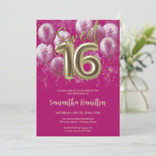 Gold Foil Sweet 16 Birthday Balloons Hot Pink Kaart (Staand voorkant)