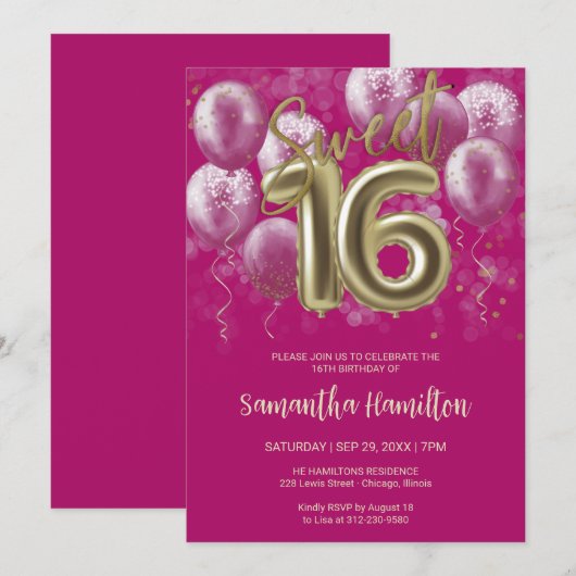 Gold Foil Sweet 16 Birthday Balloons Hot Pink Kaart (Voorkant / Achterkant)