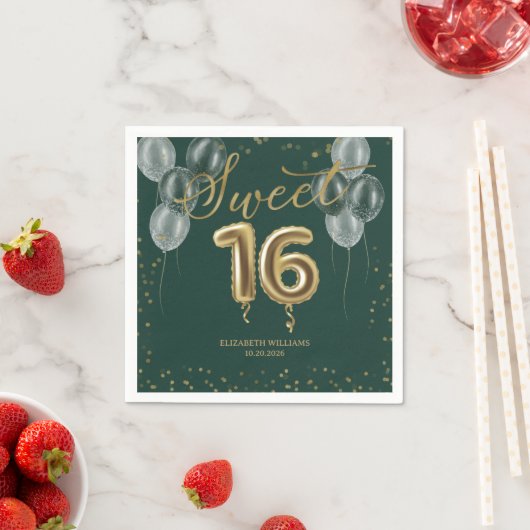 Gold Foil Sweet 16 Birthday Balloons Party Green Servet (Insitu)