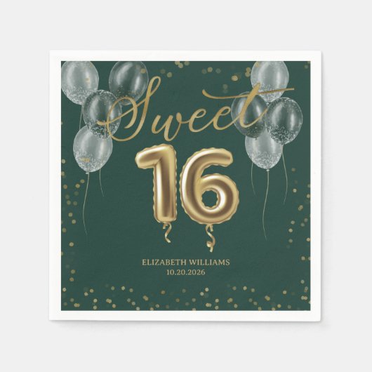 Gold Foil Sweet 16 Birthday Balloons Party Green Servet (Voorkant)