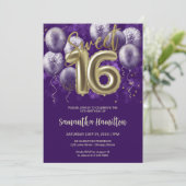 Gold Foil Sweet 16 Birthday Balloons Party Paars Kaart (Staand voorkant)