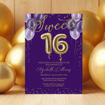 Gold Foil Sweet 16 Birthday Balloons Party Paars