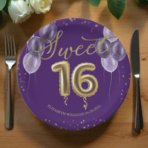 Gold Foil Sweet 16 Birthday Balloons Party Paars Papieren Bordje