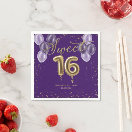 Gold Foil Sweet 16 Birthday Balloons Party Paars Servet (Insitu)