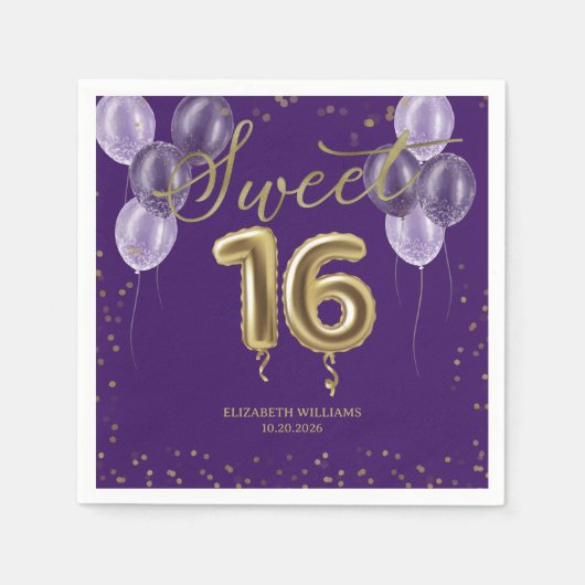 Gold Foil Sweet 16 Birthday Balloons Party Paars Servet (Voorkant)