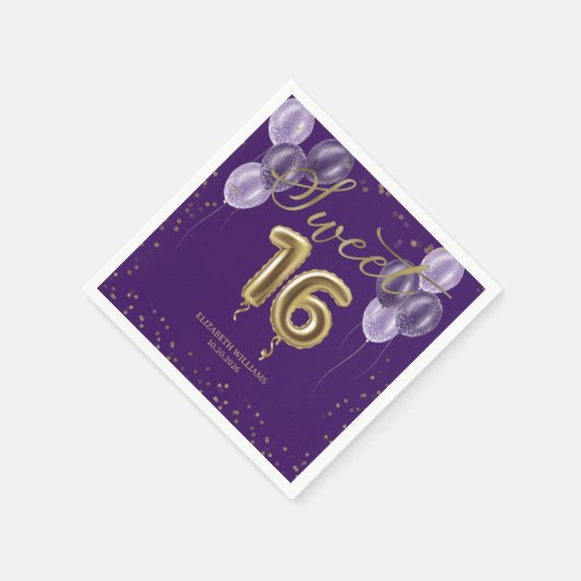 Gold Foil Sweet 16 Birthday Balloons Party Paars Servet (Hoek)