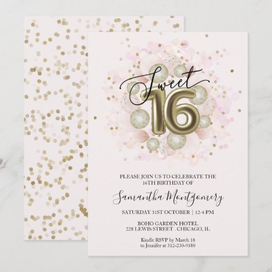 Gold Foil Sweet 16 Birthday Balloons Party Pink Kaart (Voorkant / Achterkant)