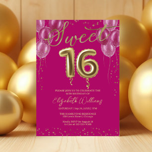 Gold Foil Sweet 16 Birthday Balloons Party Pink Kaart