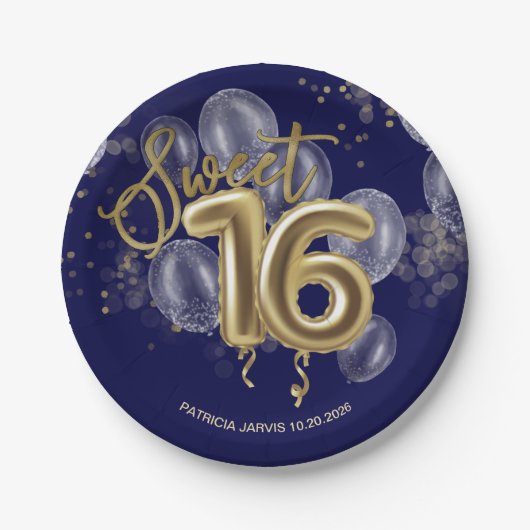 Gold Foil Sweet 16 Birthday Balloons Royal Blue Papieren Bordje (Voorkant)