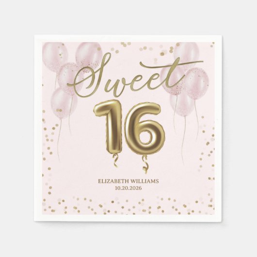 Gold Foil Sweet 16 Birthday Balloons Roze Servet (Voorkant)